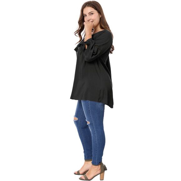 Women's Plus Size Raglan Sleeves Hollow Out Tie Neck Tunic Peasant Tops Black - Picture 4 of 6